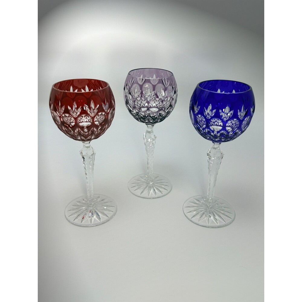 Set of 3 Vintage Cut to Clear Crystal Wine Goblets Cobalt Ruby Amethyst